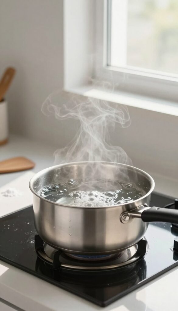 Boiling water and dish soap in a stainless steel pan on a stove, with steam and bubbles, kitchen background