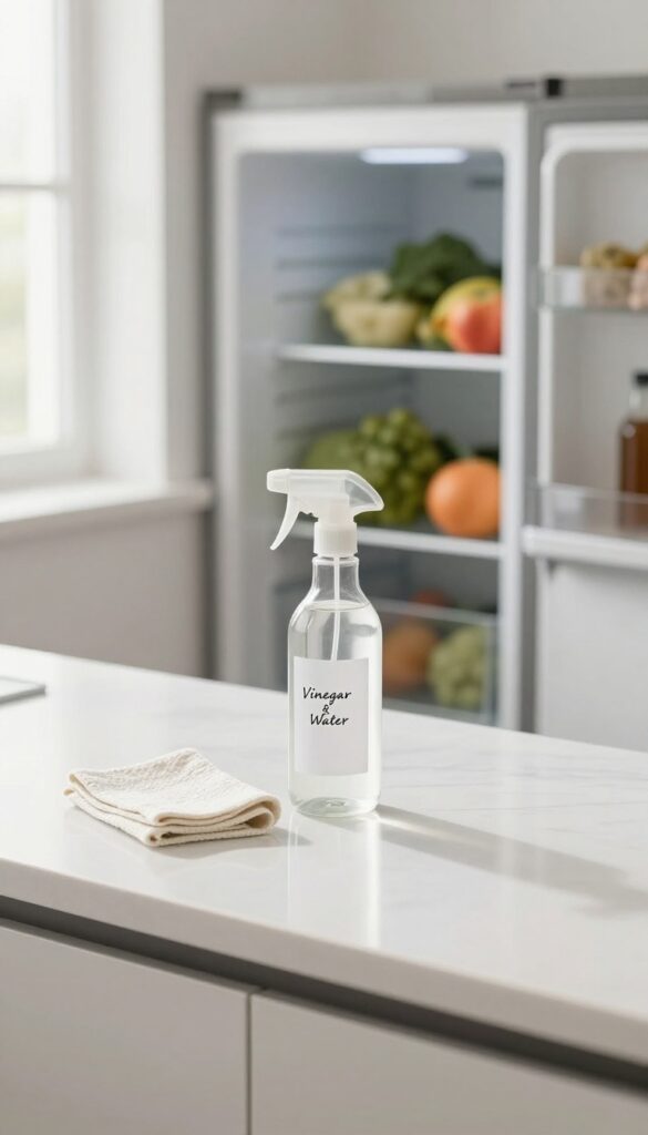 A spray bottle and microfiber cloth on a kitchen counter near an open fridge with clean shelves and fresh produce.