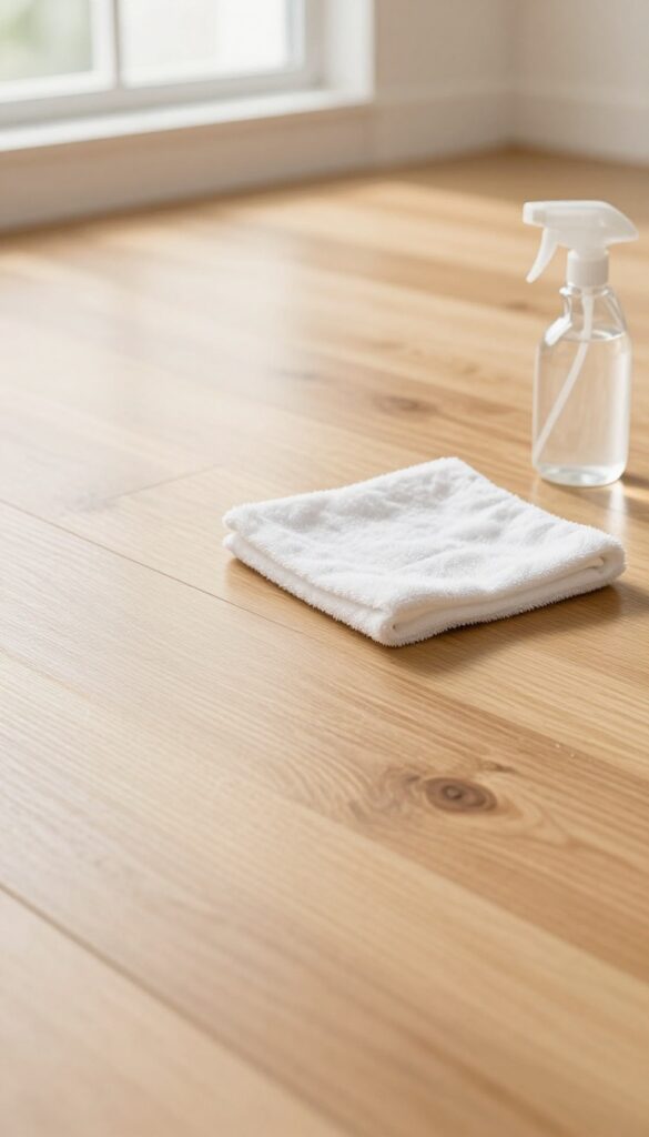 Close-up of a wooden floor being buffed with a microfiber cloth and a spray bottle of DIY olive oil polish nearby