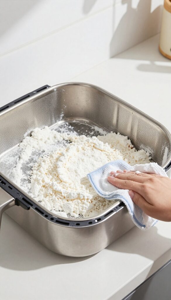 Cornstarch sprinkled on greasy air fryer basket to absorb grease, with a damp cloth wiping it clean.
