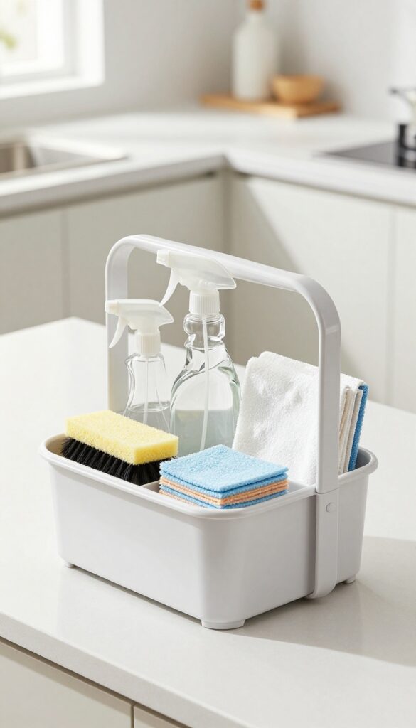 A cleaning caddy organized with kitchen cleaning supplies on a counter