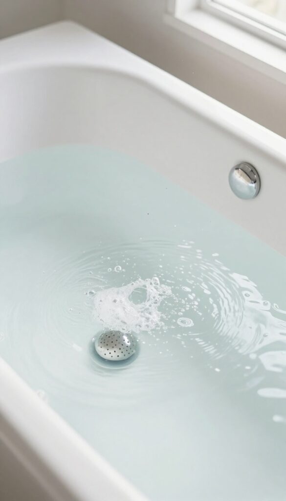 Bathtub jets running with bubbles and floating debris in hot soapy water, bright natural light, clean bathroom scene