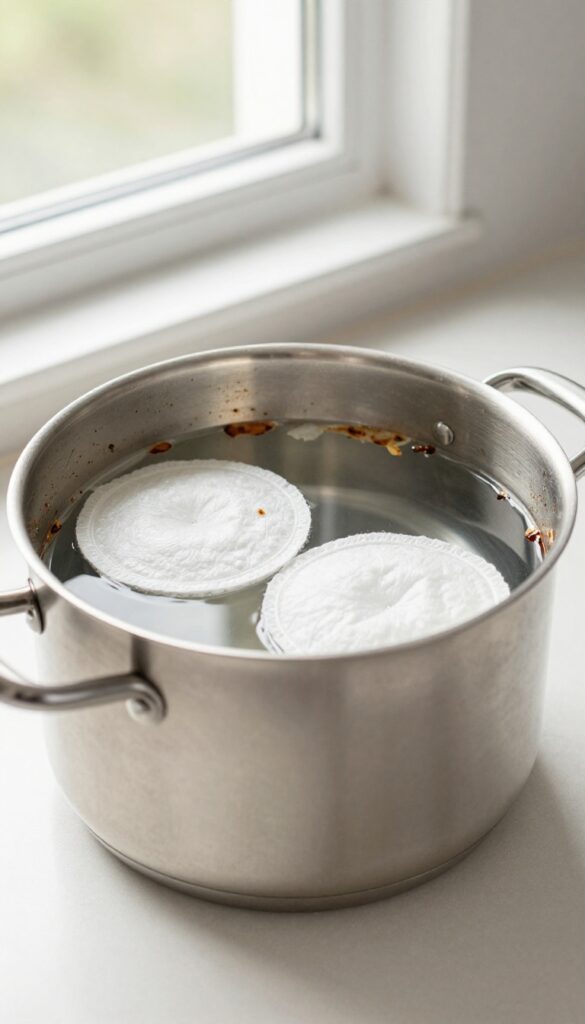 A stainless steel pot filled with water and white dryer sheets soaking to loosen burnt food residue.
