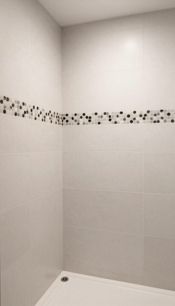 Modern shower with mixed tile materials including large-format matte ceramic, glossy hexagon mosaic band, and natural stone accent wall