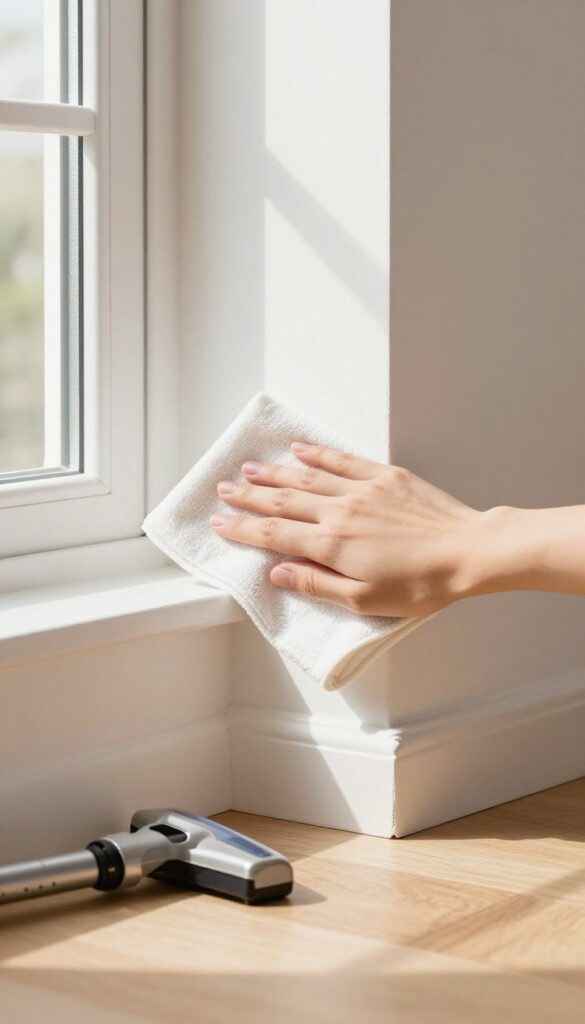 Person cleaning a white baseboard with a damp cloth in a bright bedroom, with natural light and a vacuum tool nearby.