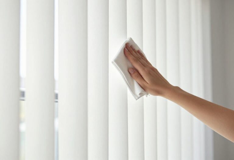 Person cleaning vertical blinds with a microfiber cloth in a sunlit room