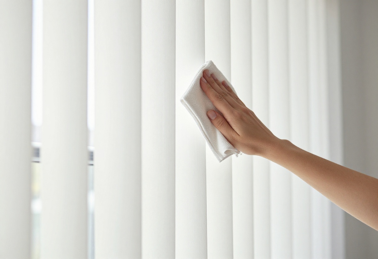 Person cleaning vertical blinds with a microfiber cloth in a sunlit room