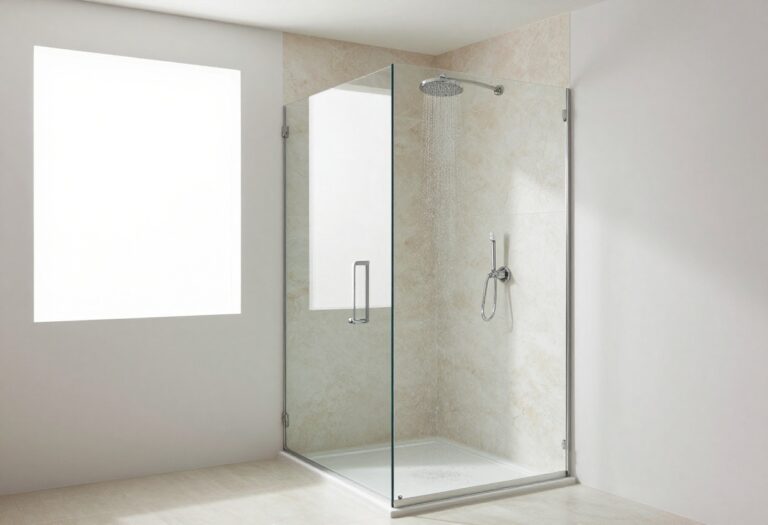Modern bathroom shower with rainfall showerhead and frameless glass enclosure