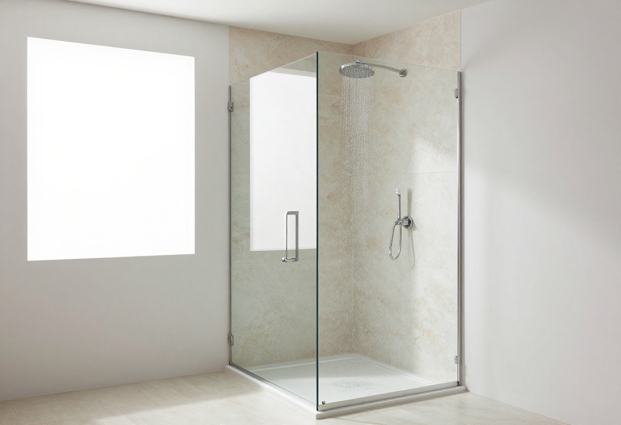 Modern bathroom shower with rainfall showerhead and frameless glass enclosure