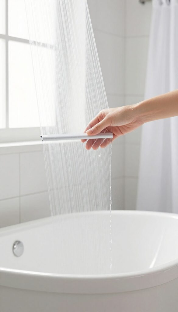 Person shaking excess water from window blinds over a bathtub