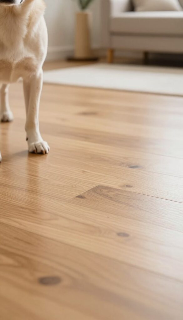 Dog with trimmed nails standing on shiny hardwood floor, natural light, clean and scratch-free surface