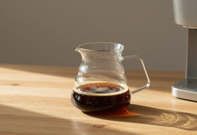 Clean glass coffee carafe with fresh coffee on a wooden table