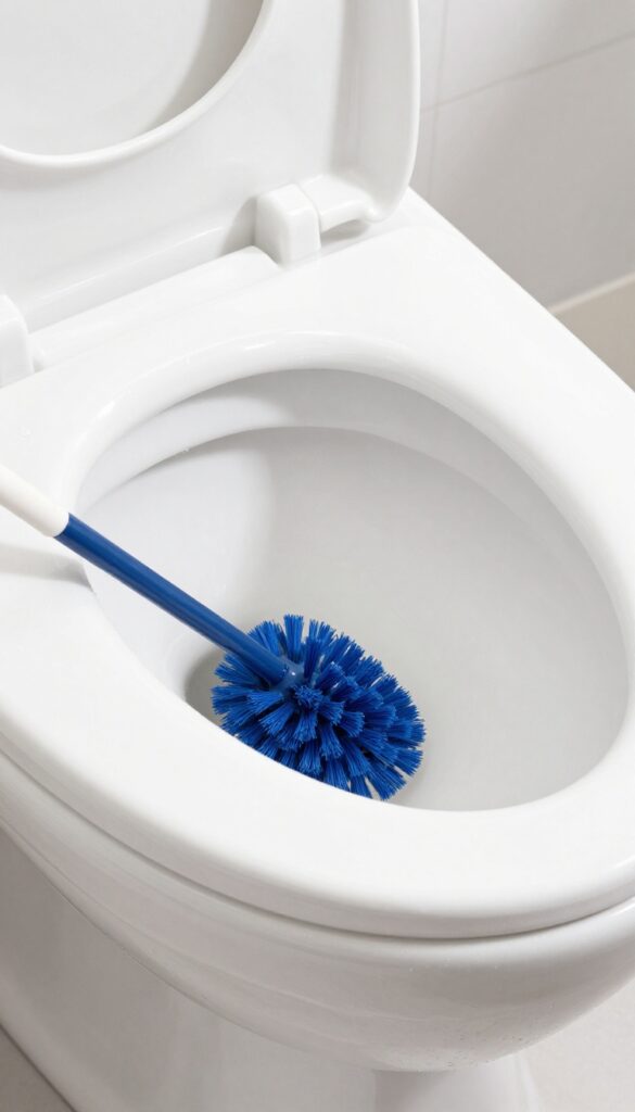 Cleaning under the toilet rim with a curved brush