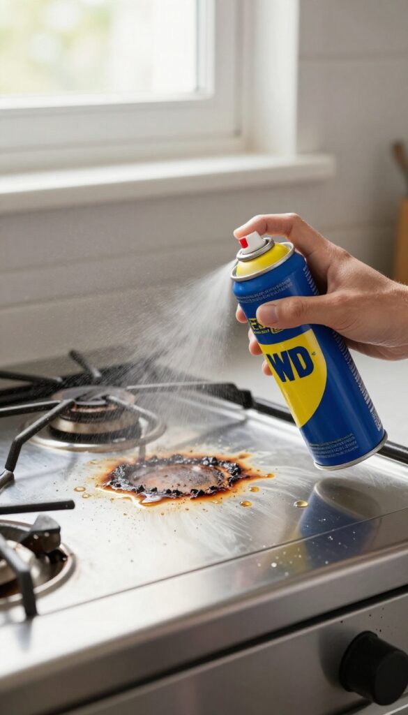 WD-40 spray being applied to a greasy stove top to dissolve burnt-on residue
