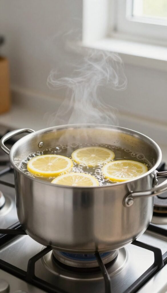Boiling lemon slices in a stainless steel pot to remove discoloration, natural light, kitchen setting