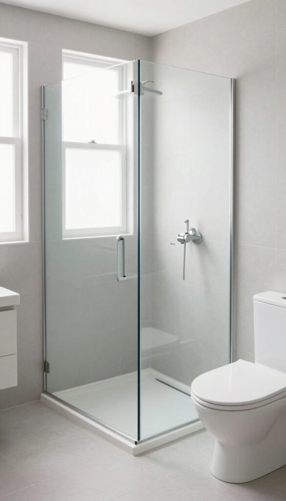 Small bathroom with a curbless walk-in shower, no door, fixed glass panel, bright natural light, minimalist style