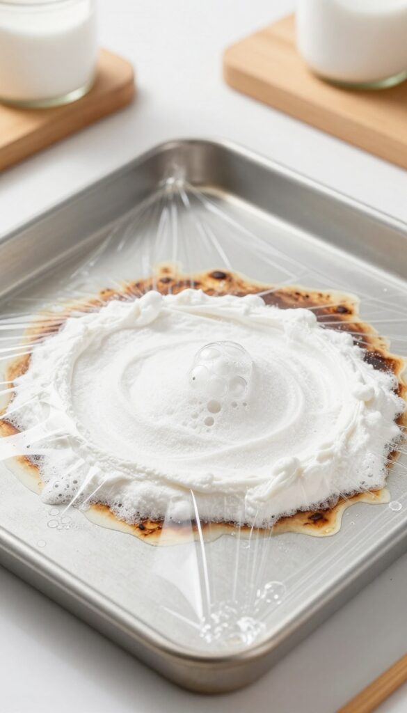 Close-up of baking soda paste on a stained cookie sheet covered with plastic wrap