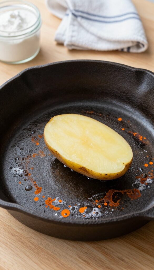 Raw potato half dipped in baking soda on a cast iron skillet to remove rust