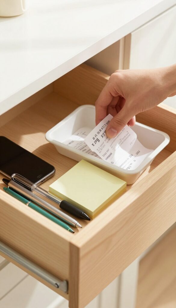 60-second drawer dash: quick cleanup of a messy drawer with hand tossing trash and grouping items