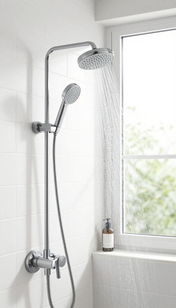 Handheld shower head with flexible hose in a bright modern bathroom, water spraying gently.