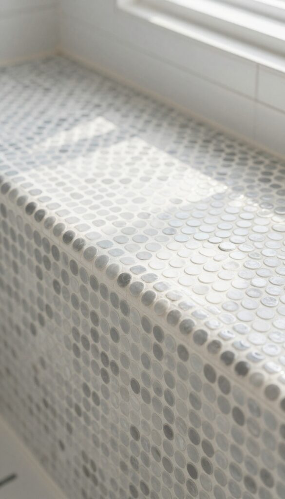 Curved shower bench with mosaic penny round tiles in soft gray
