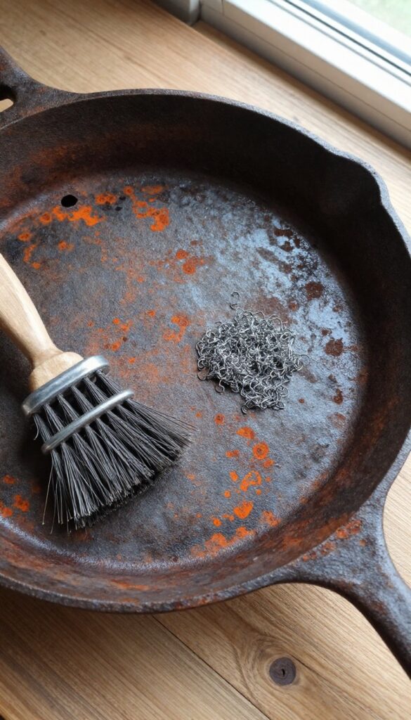 Rusty cast iron skillet with a stiff brush and steel wool on a wooden table