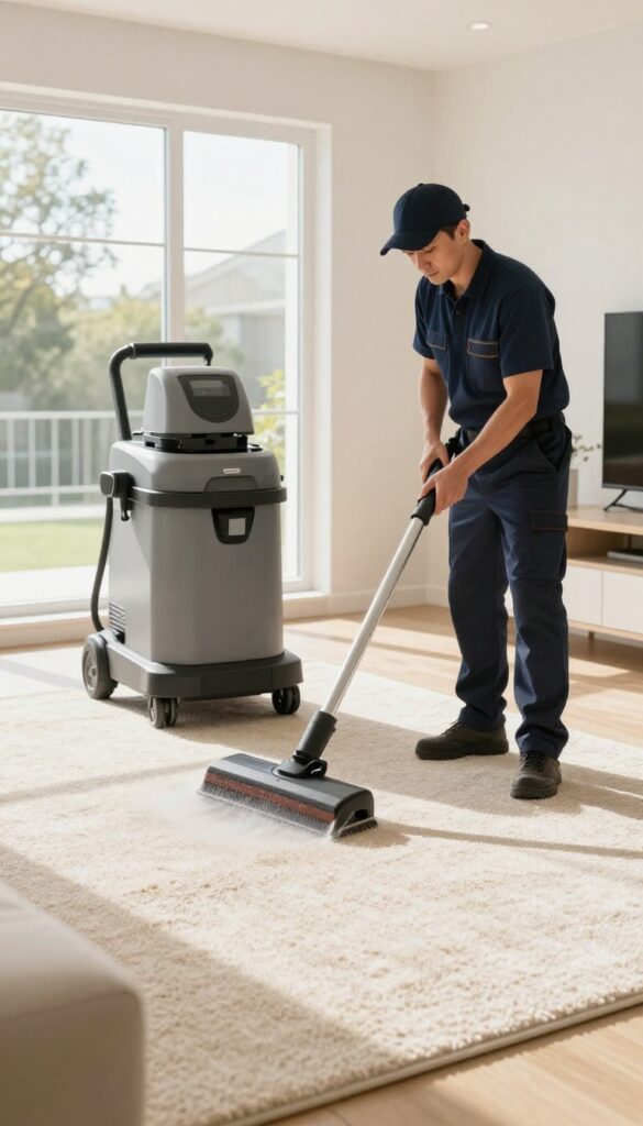Professional carpet cleaner using hot water extraction machine in bright living room