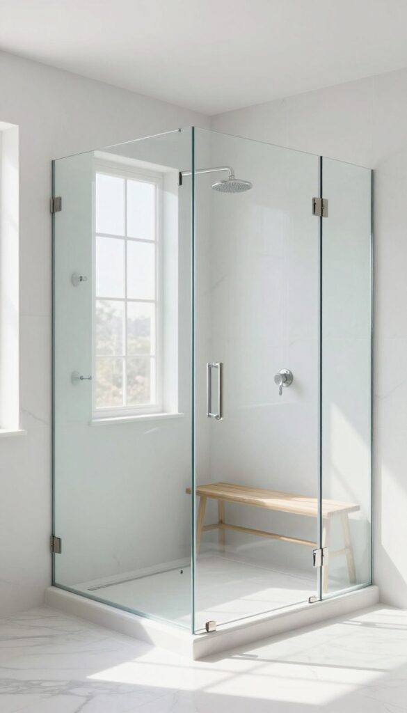 Frameless glass shower enclosure in a bright master bathroom with natural light and minimal hardware