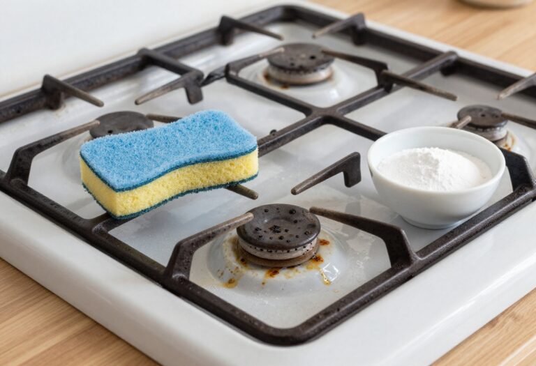 Close-up of dirty gas stove grates with cleaning supplies nearby