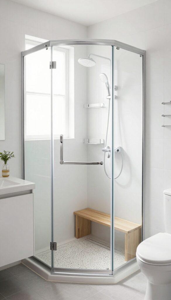 Small bathroom with corner walk-in shower, curved glass enclosure, natural light, modern design