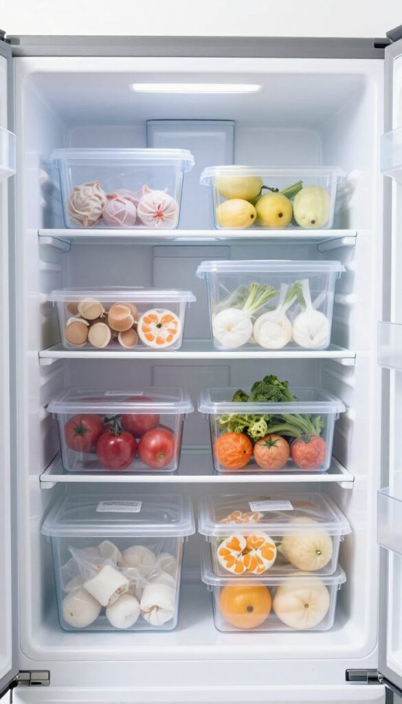 Clean and organized freezer after defrosting, with food stored in clear bins.