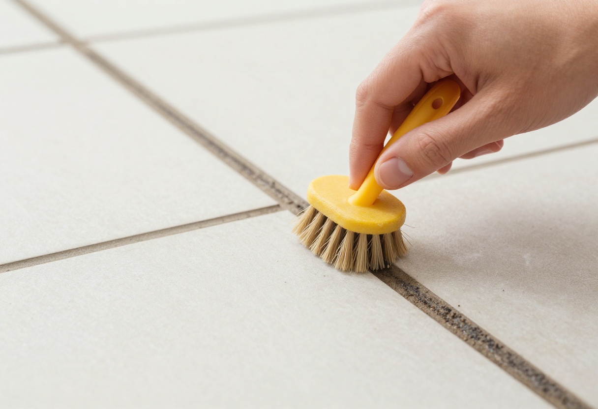 Hand scrubbing grout on tile floor with a brush, showing clean vs dirty grout lines.