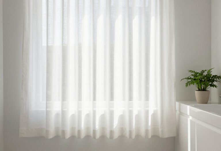 Elegant white linen shower curtain in a bright bathroom with natural light and minimalist decor