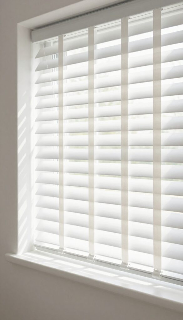 Rehung clean white blinds on a bright window, cords straight and untangled, natural light, photorealistic.
