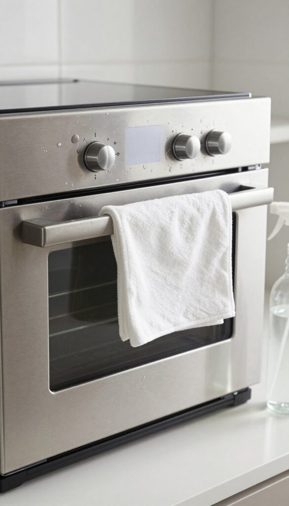 Cleaning oven exterior with microfiber cloth and degreasing dish soap
