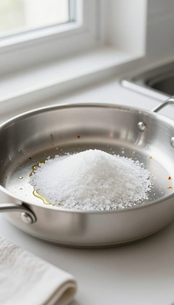 Close-up of a stainless steel pan with coarse salt and vegetable oil for scrubbing burnt-on food, bright natural light, clean kitchen background.