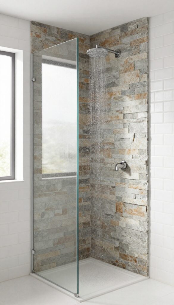Stacked stone veneer accent wall in a modern shower with rainfall showerhead and natural light