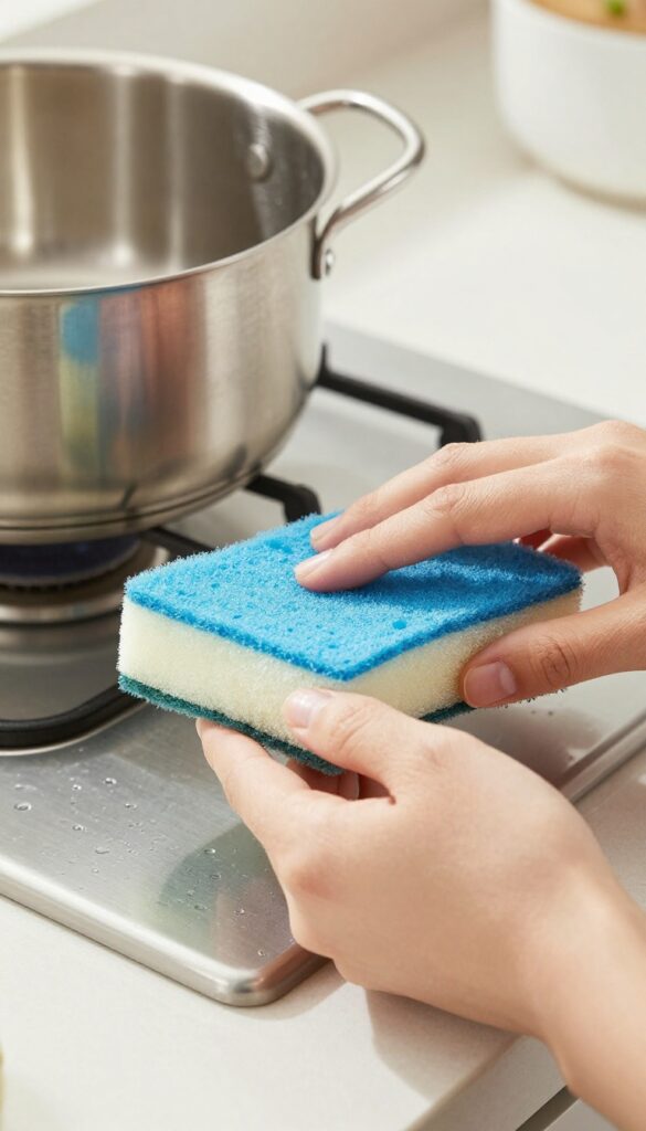 Two-sided scrub sponge with scratch-free abrasive side on a kitchen counter next to a stainless steel pan and glass stovetop.