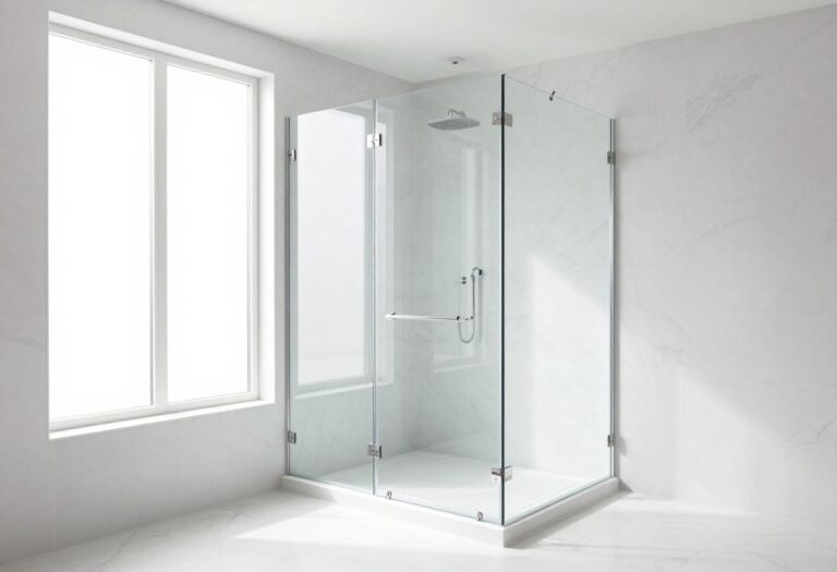 Bright modern bathroom with frameless glass shower enclosure