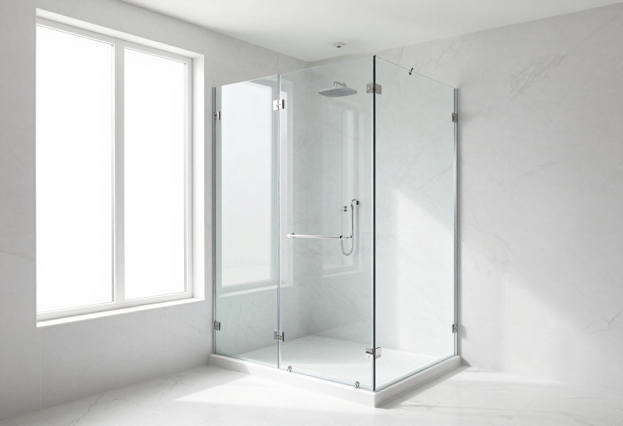 Bright modern bathroom with frameless glass shower enclosure