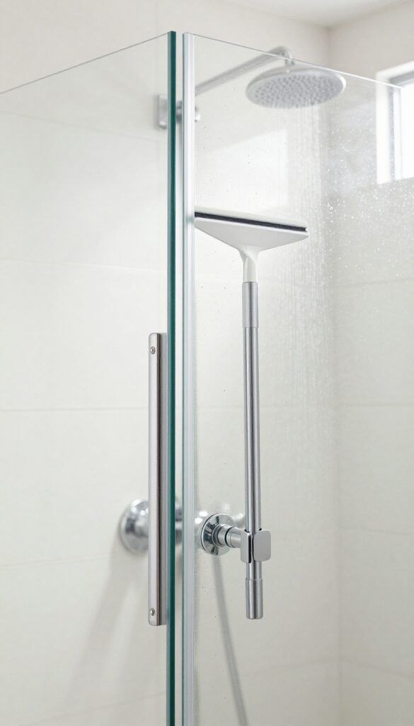 Shower squeegee holder mounted on glass door with squeegee
