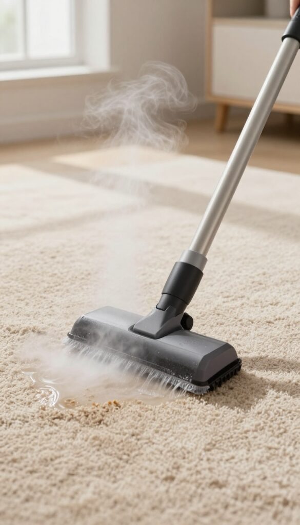 Steam cleaner wand cleaning a beige carpet with hot steam and water, bright natural light, fresh and clean look.