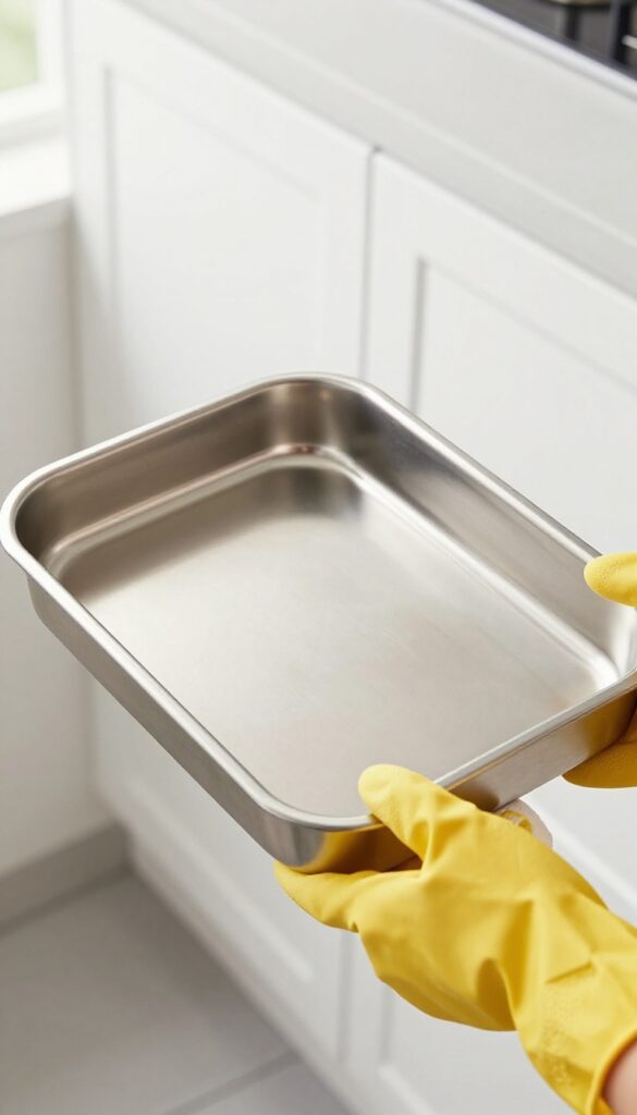 Hand holding a clean drip pan near a refrigerator grille