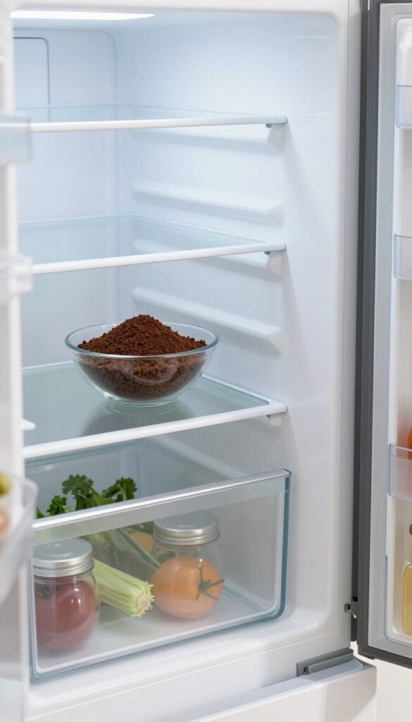 Open bowl of coffee grounds on a refrigerator shelf to absorb odors