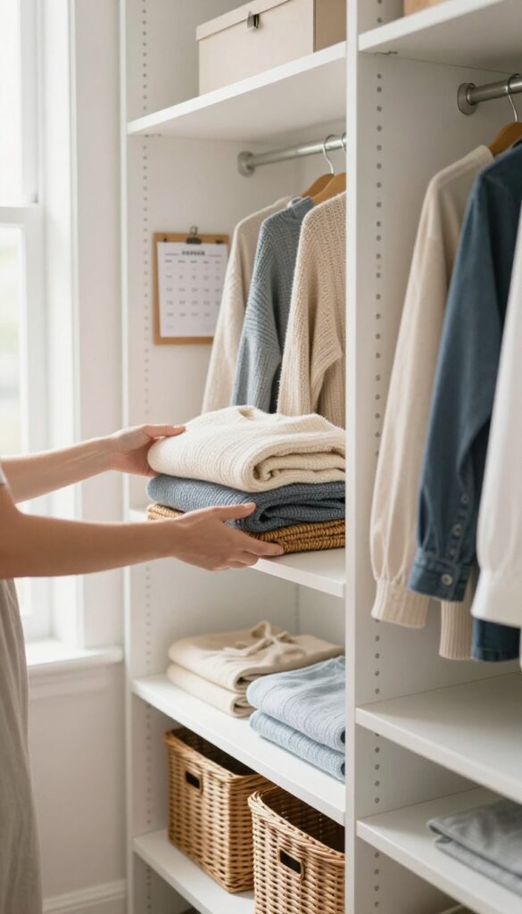 A person tidying a neatly organized closet with white shelves and hanging clothes, natural light, calm and clean composition.