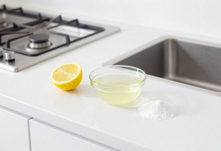 Kitchen counter with cleaning supplies including baking soda, lemon, and vinegar spray
