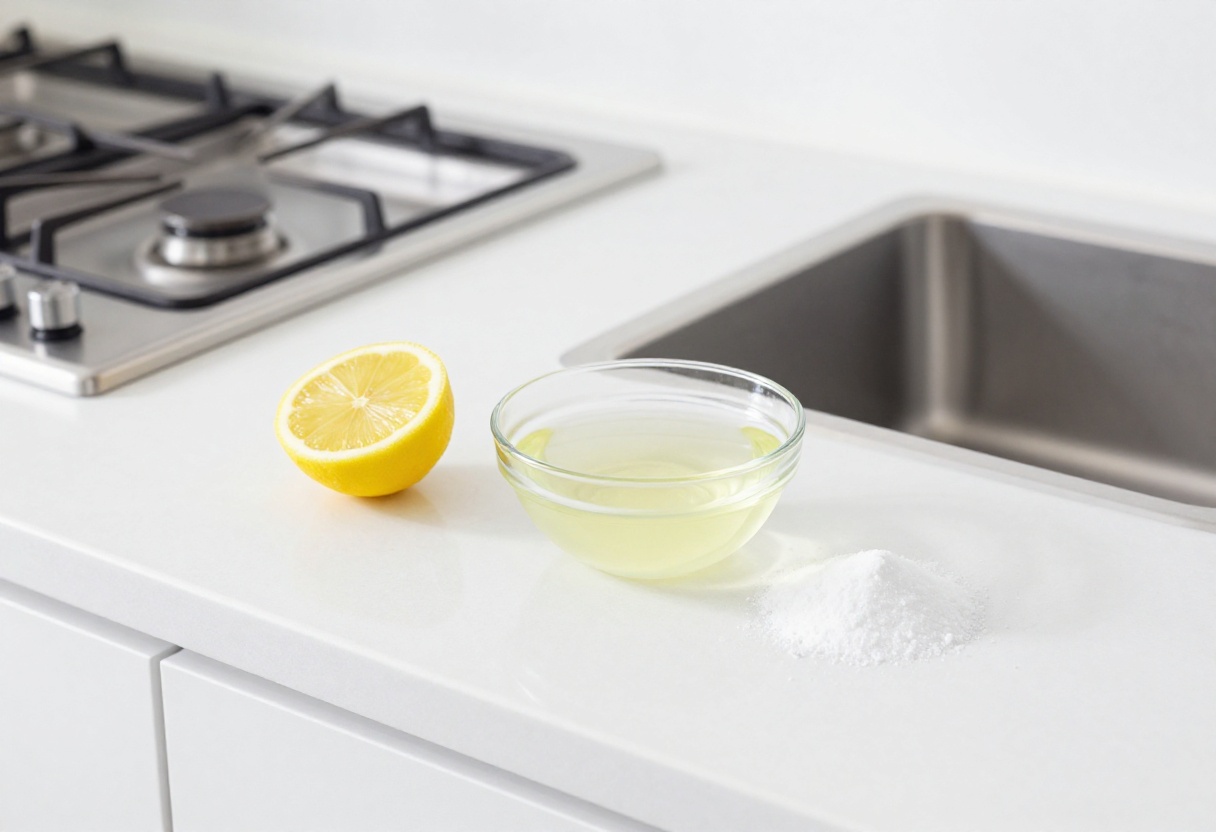 Kitchen counter with cleaning supplies including baking soda, lemon, and vinegar spray