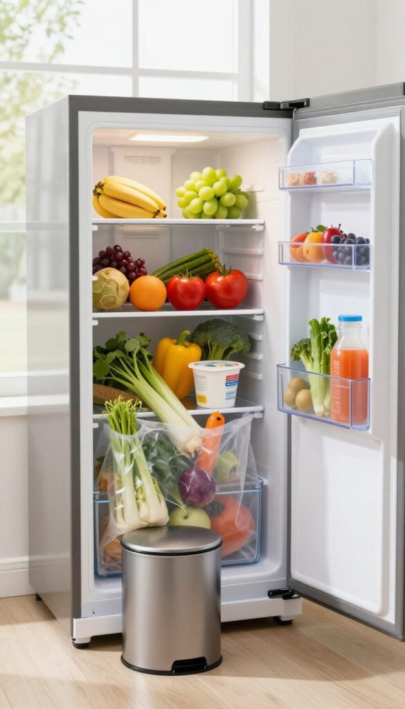 Small trash can beside open refrigerator for quick disposal of expired items during cleaning