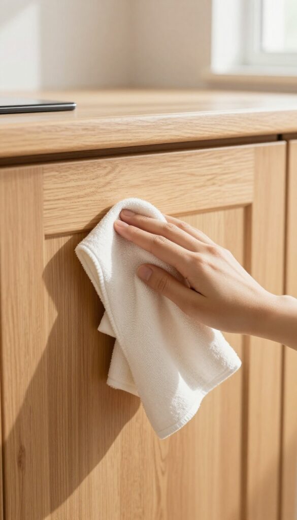 Hand dusting a wood kitchen cabinet with a dry microfiber cloth in bright natural light