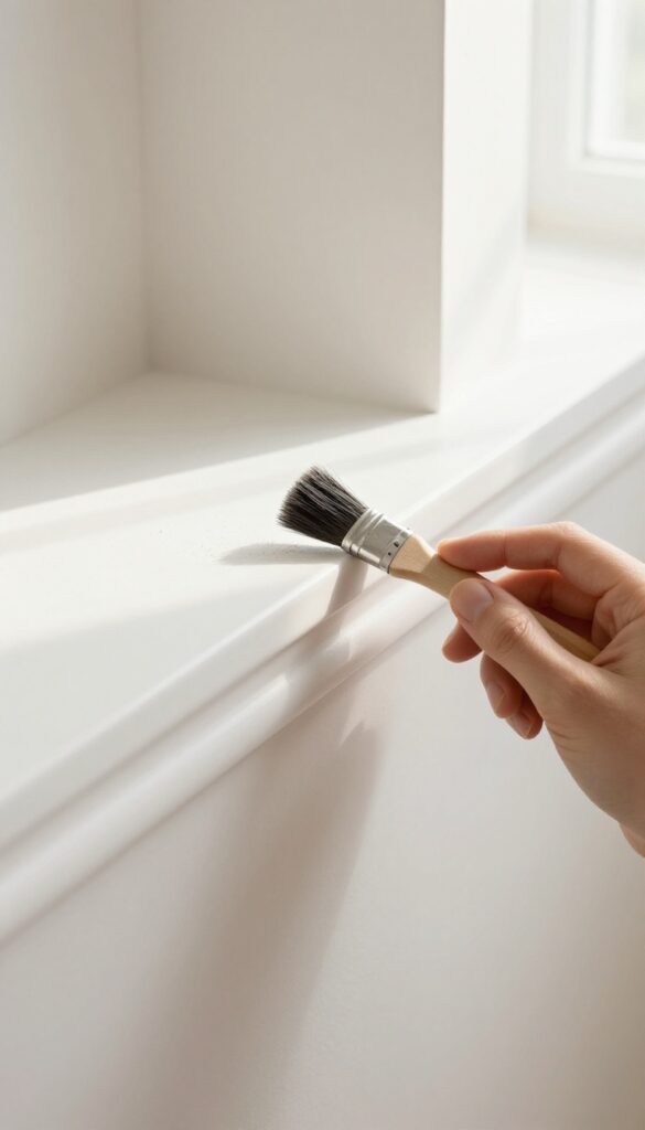 Person dusting baseboard with a paintbrush in bright natural light